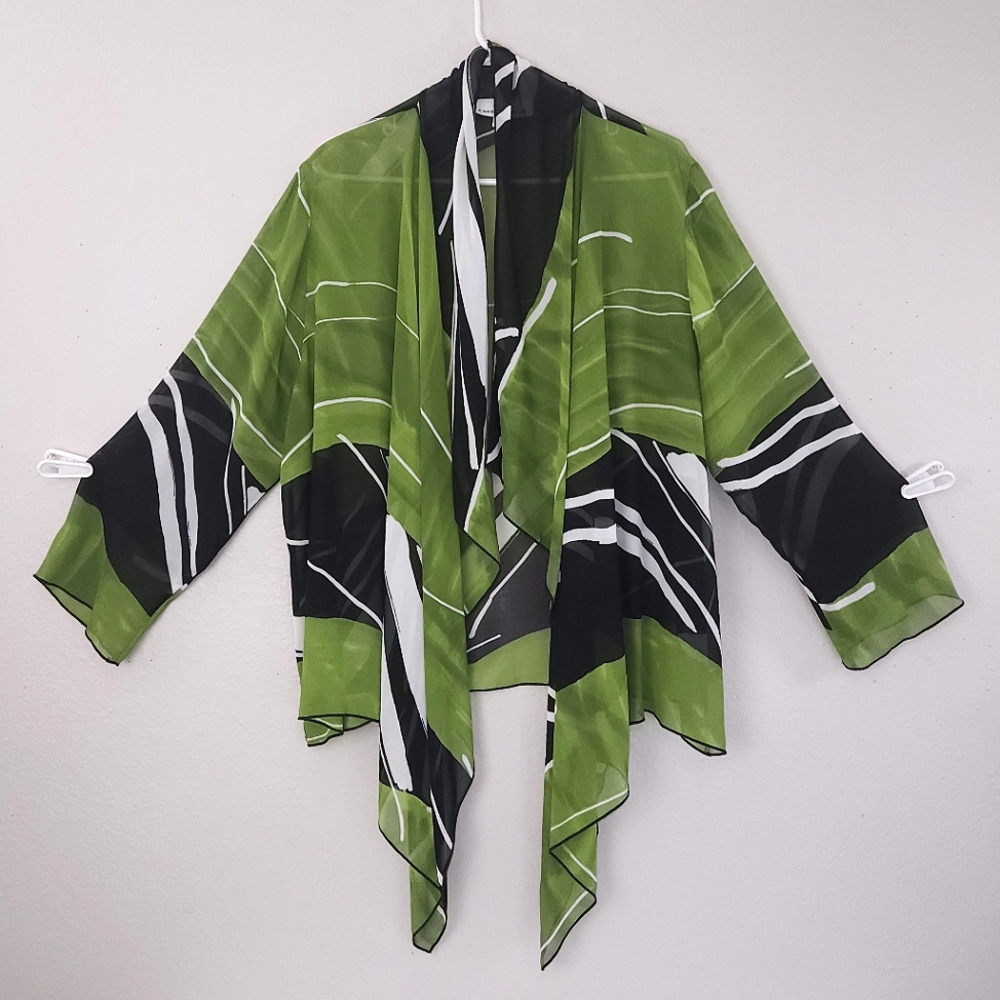 Caroline Rose Open Front Cardigan Kimono LARGE Black Green White - Picture 2 of 7